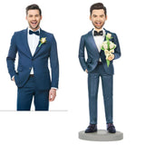 Holding flowers, a custom doll with a man's head in a suit