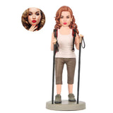 Mountaineering girl holding trekking poles, custom head doll