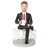 Customized boss sitting figure with head and holding a water cup