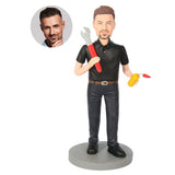 Repairman figure with customized head and holding a wrench